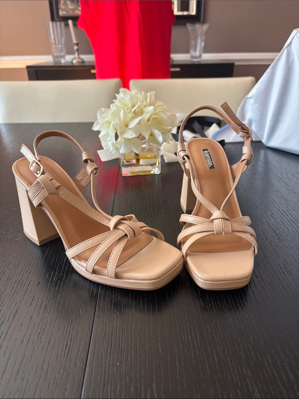 Kensie Nude Tan Strappy Block Heel Sandals